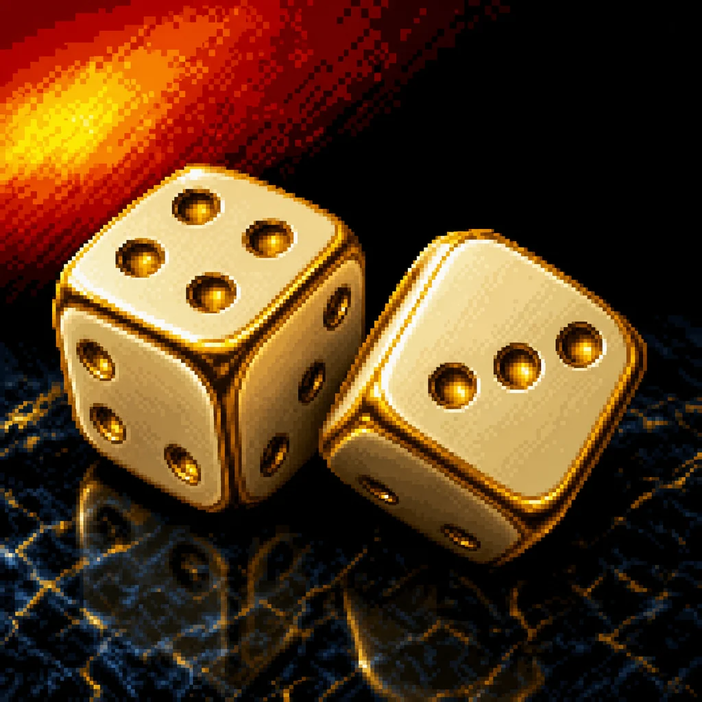 Pixel-art dice mid-roll over royal blue casino table