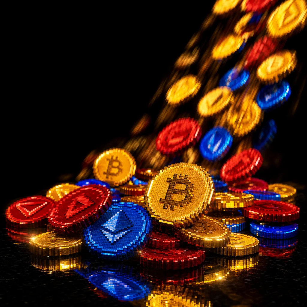 Pixel-art crypto coins geometric pattern Rabona